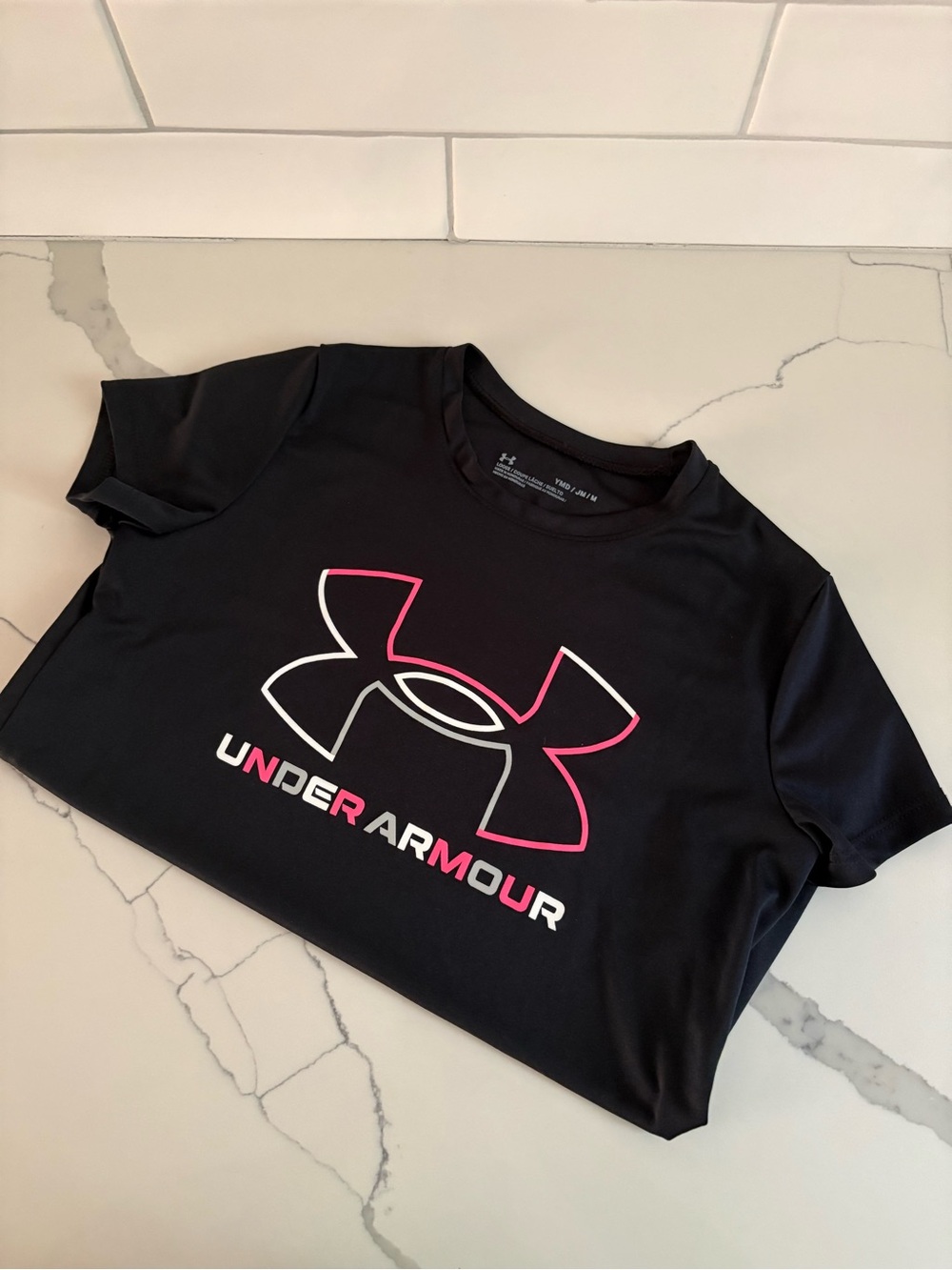 UNDER ARMOUR Black Short Sleeve Logo Tee with Pink & White Accents